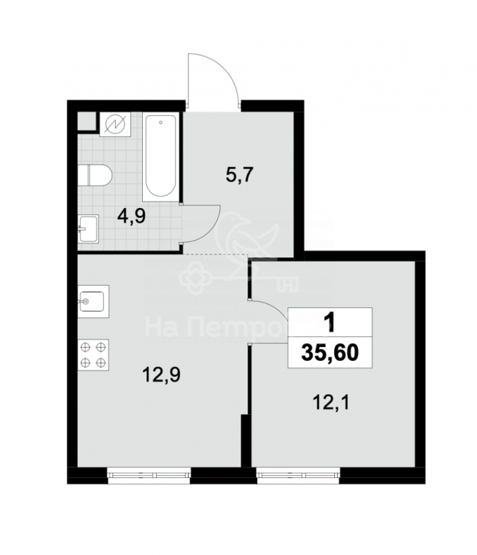 1-комнатная квартира, 35.6 м2