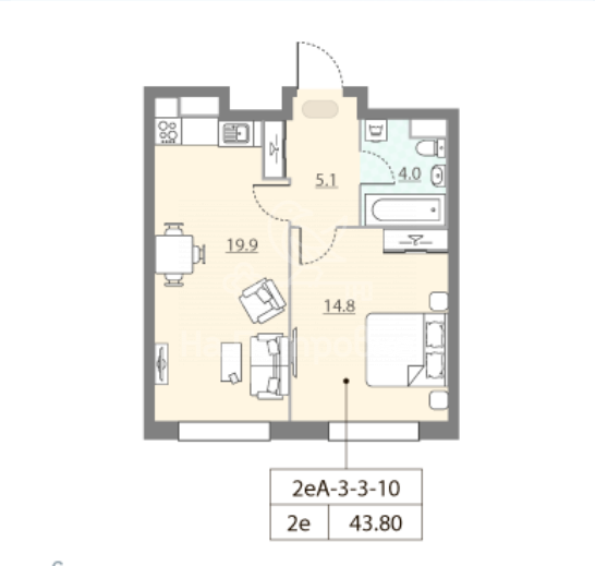 1-комнатная квартира, 43.8 м2