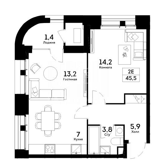 2-комнатная квартира, 45.5 м2
