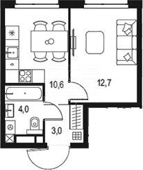 1-комнатная квартира, 30.3 м2