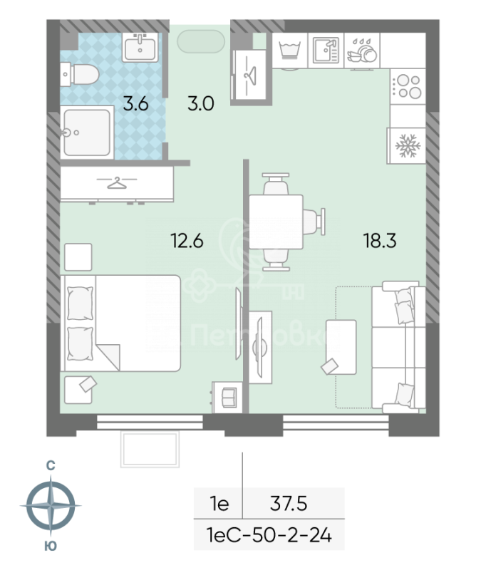2-комнатная квартира, 37.5 м2