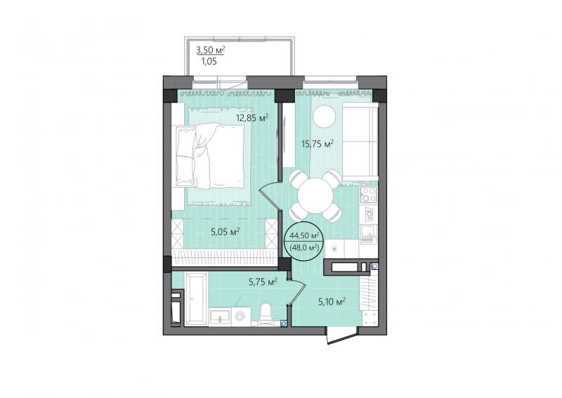 2-комнатная квартира, 48 м2