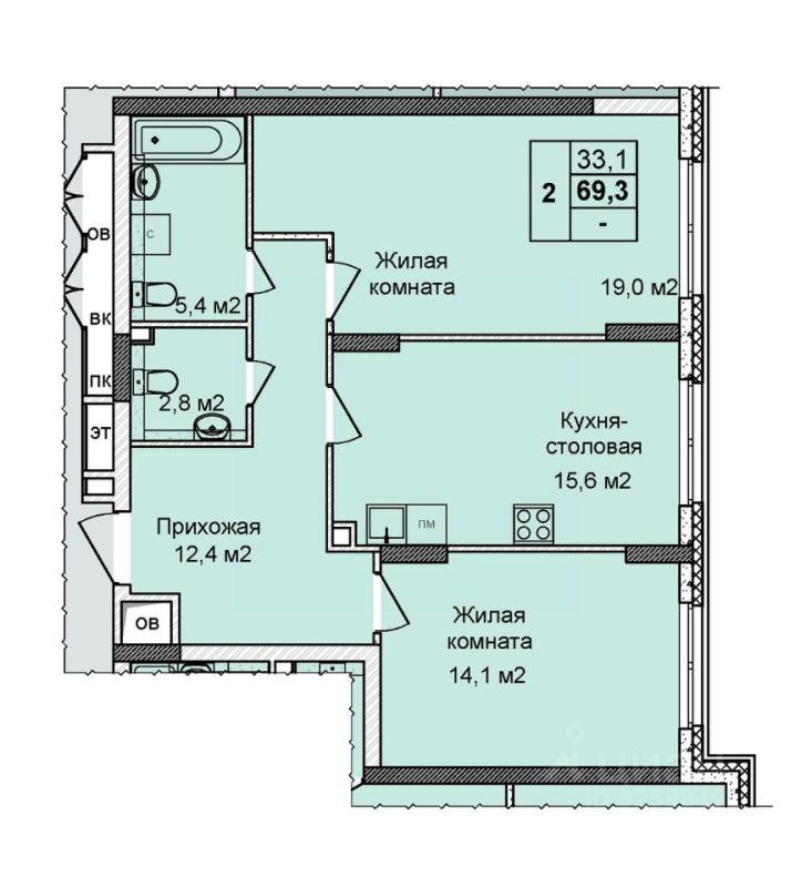 2-комнатная квартира, 69 м2