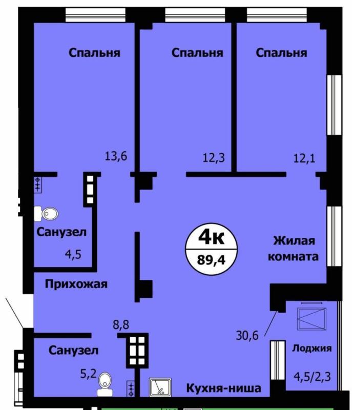 4-комнатная квартира, 89.4 м2