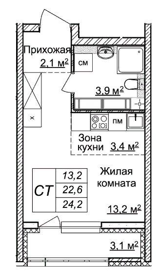 1-комнатная квартира, 24.2 м2