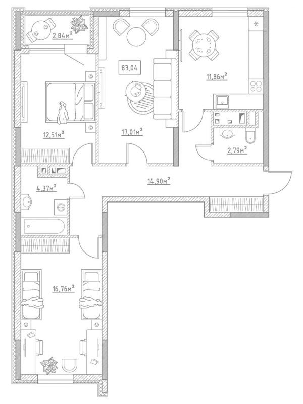 3-комн. квартира, 83 м², 3/9 этаж