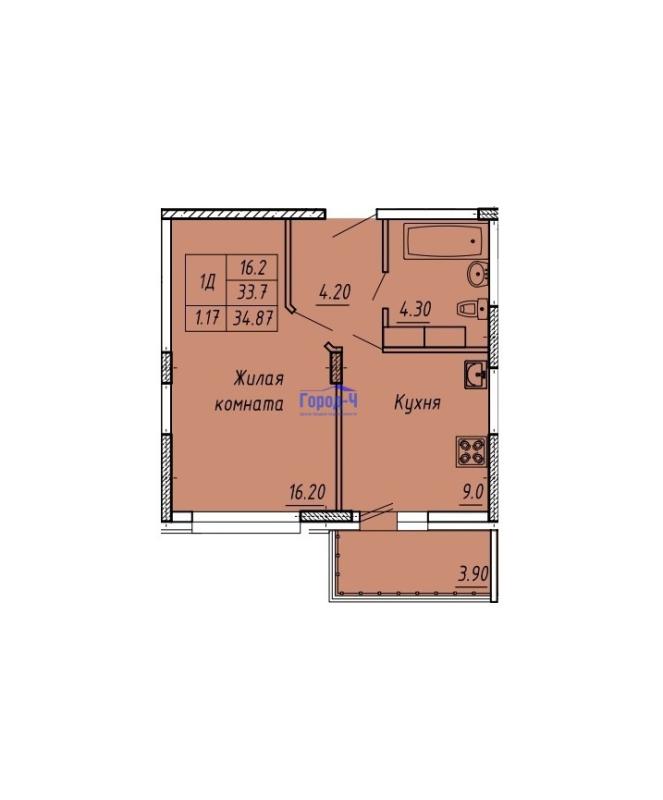 1-комнатная квартира, 34.78 м2