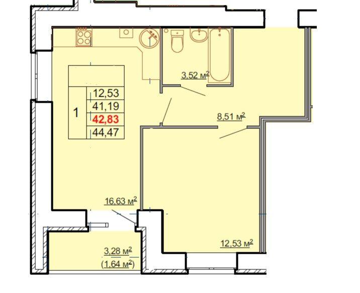 1-комнатная квартира, 44.47 м2