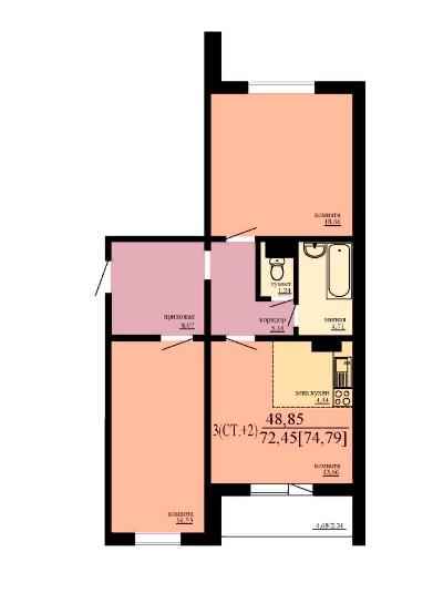 3-комнатная квартира, 72.45 м2