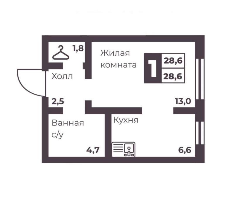 1-комнатная квартира, 28.6 м2