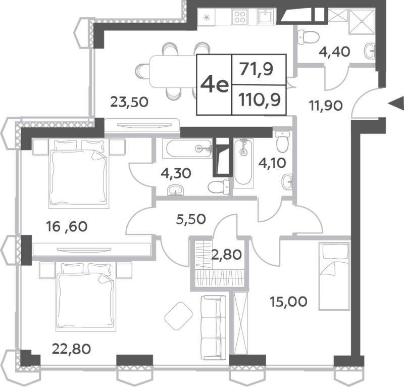 4-комнатная квартира, 110.9 м2