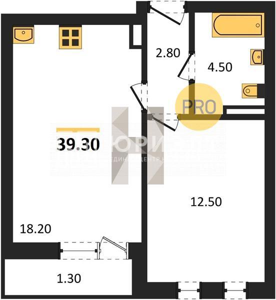 1-комнатная квартира, 39.3 м2