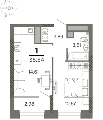 1-комнатная квартира, 35.54 м2