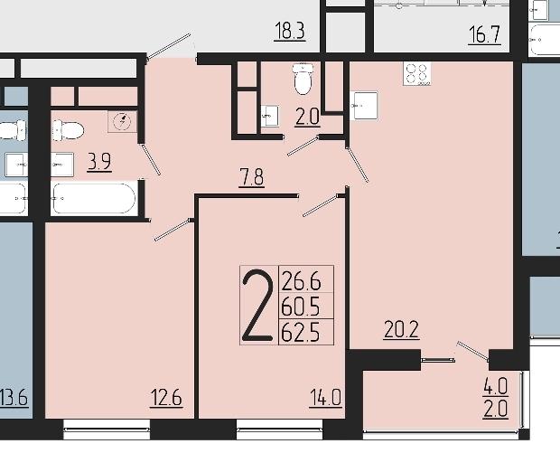 2-комнатная квартира, 62.5 м2