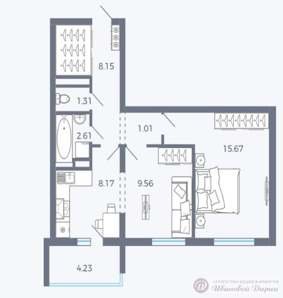 2-комнатная квартира, 49.6 м2