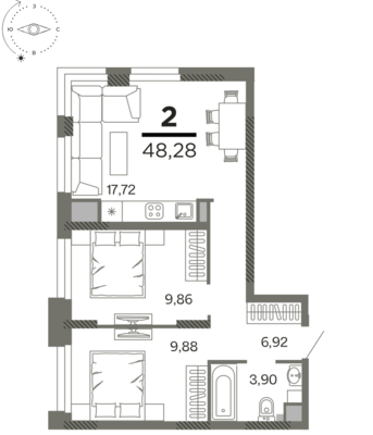 2-комнатная квартира, 48.28 м2