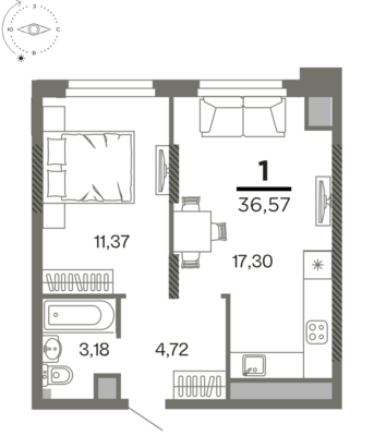 1-комнатная квартира, 36.57 м2