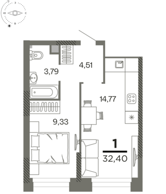 1-комнатная квартира, 32.4 м2