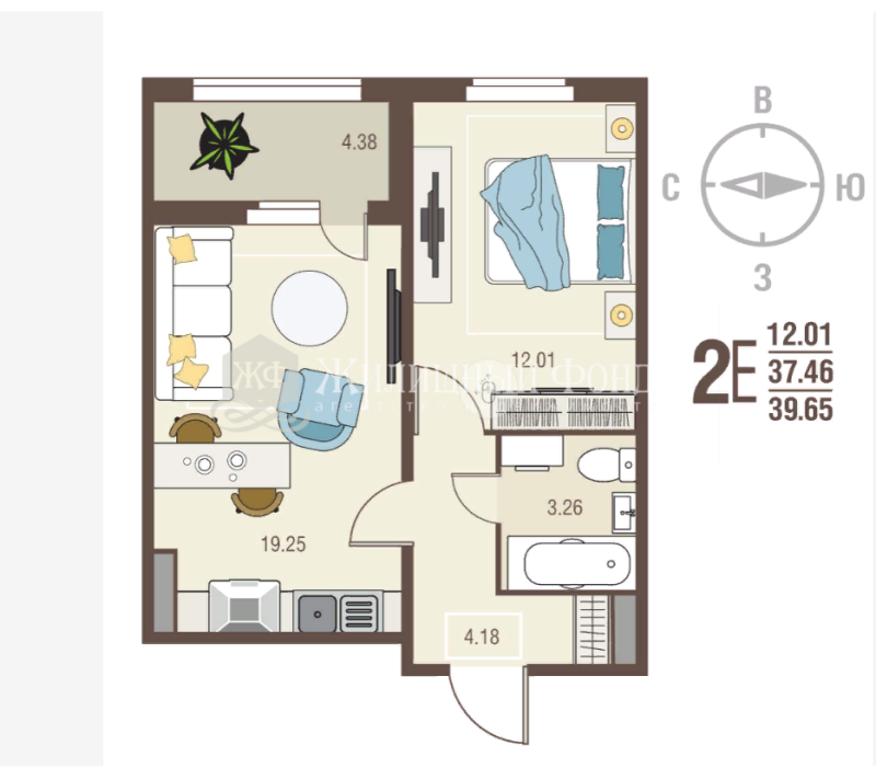 2-комнатная квартира, 39.7 м2