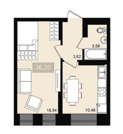 1-комнатная квартира, 36.16 м2