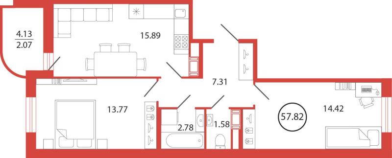 2-комнатная квартира, 57.82 м2