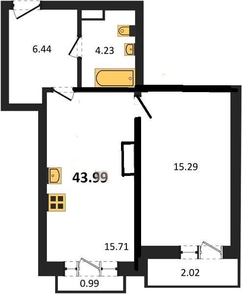 1-комнатная квартира, 43.99 м2