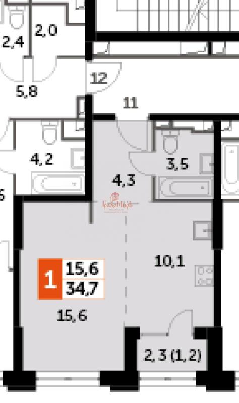 1-комнатная квартира, 34.7 м2