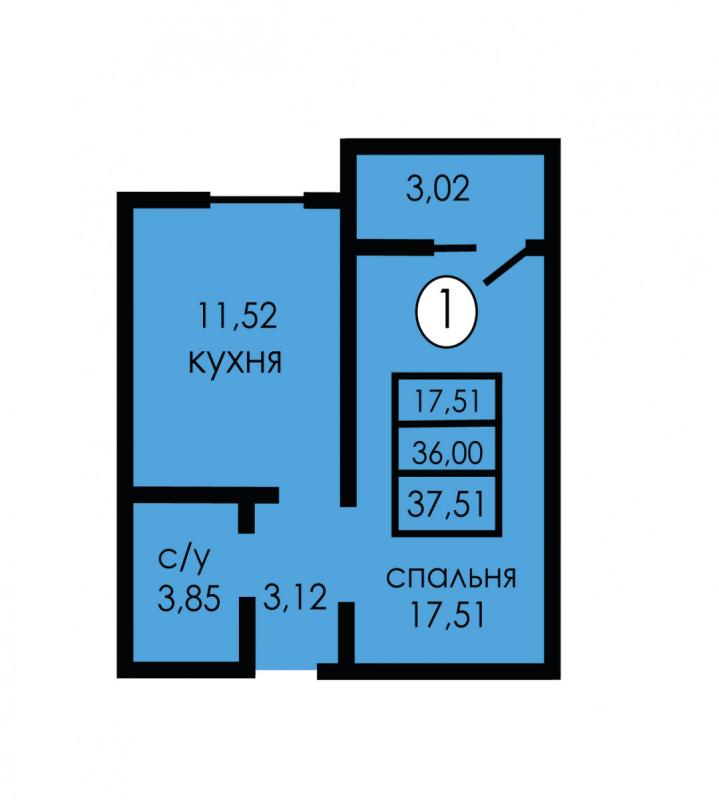 1-комнатная квартира, 37.51 м2