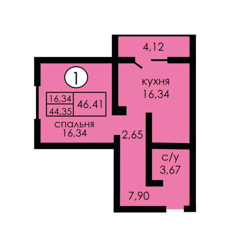 1-комнатная квартира, 46.41 м2