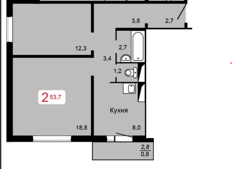 2-комнатная квартира, 53.7 м2