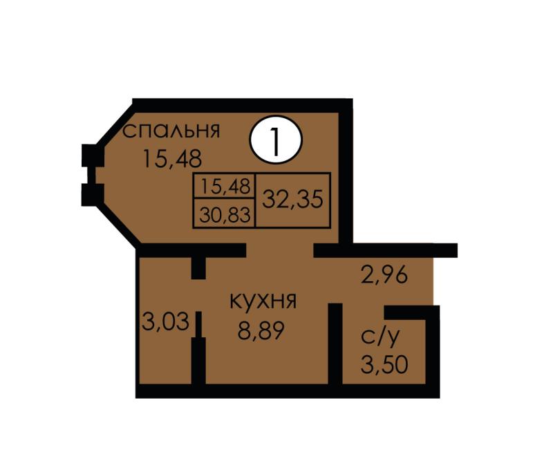 1-комнатная квартира, 32.35 м2