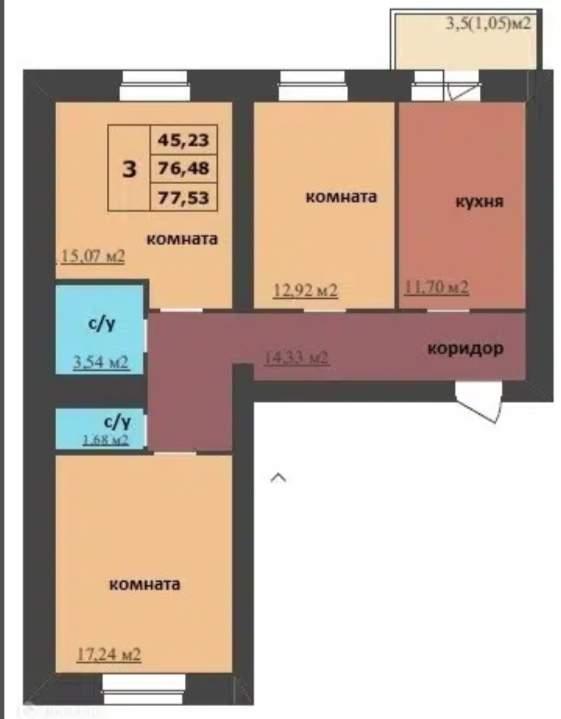 3-комнатная квартира, 77.5 м2