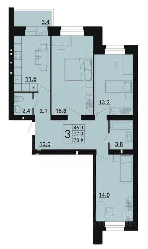 3-комнатная квартира, 78.9 м2