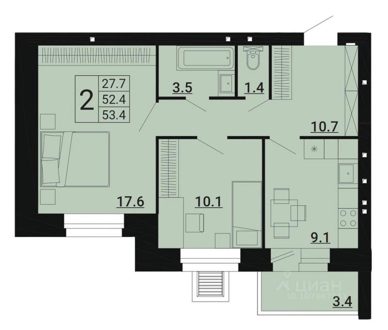 2-комнатная квартира, 53.4 м2