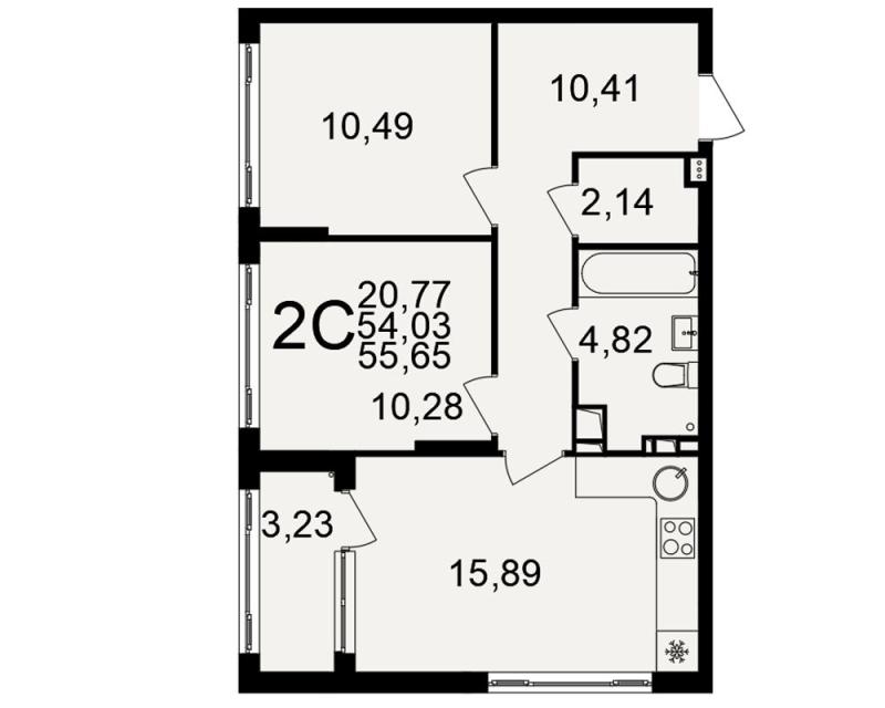 2-комнатная квартира, 55.65 м2
