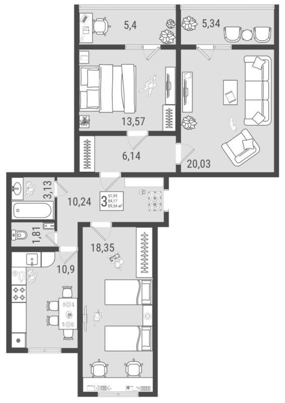 3-комнатная квартира, 89.54 м2