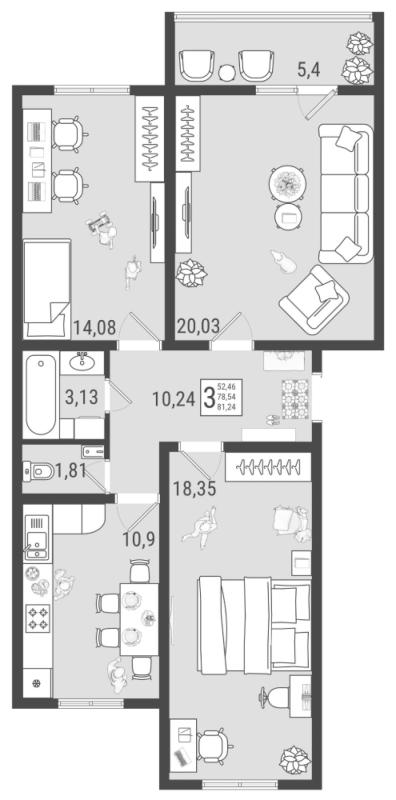 3-комнатная квартира, 81.24 м2