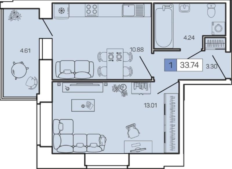 1-комнатная квартира, 32.7 м2