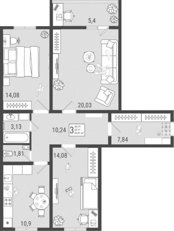 3-комнатная квартира, 84.81 м2