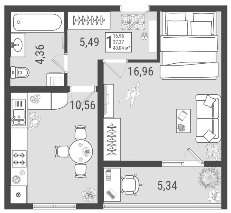 1-комнатная квартира, 40.04 м2