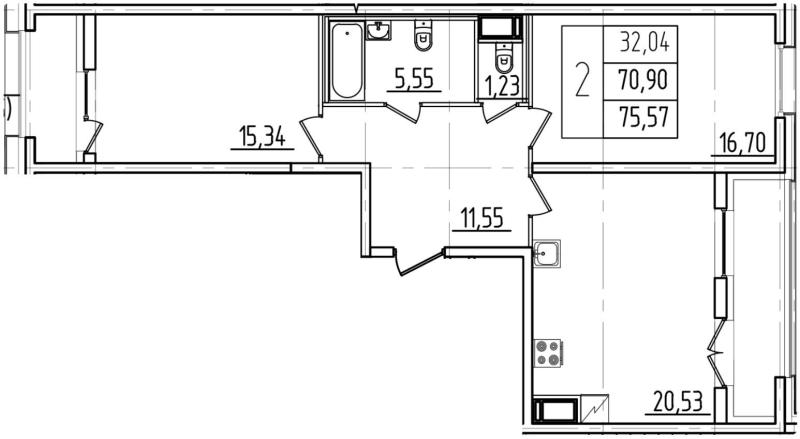 2-комнатная квартира, 75.57 м2