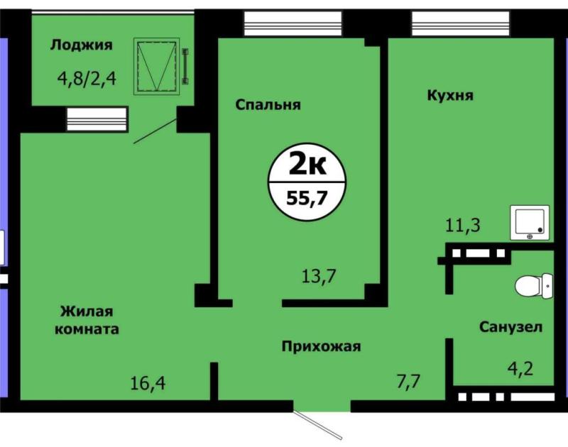 2-комнатная квартира, 55.7 м2