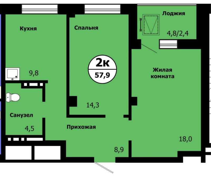 2-комнатная квартира, 57.9 м2