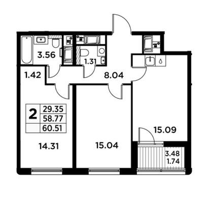 2-комнатная квартира, 60.51 м2