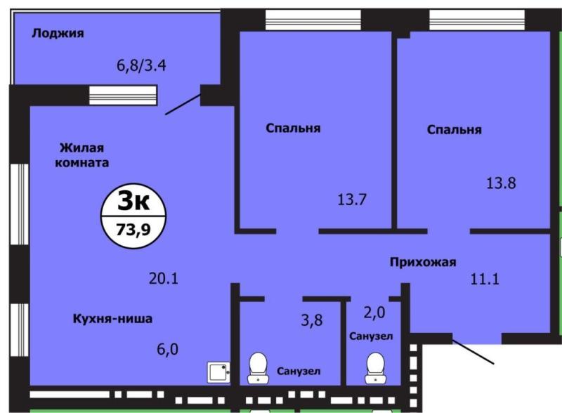 3-комнатная квартира, 73.9 м2