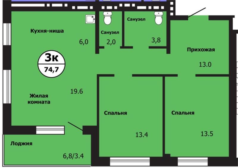 3-комнатная квартира, 74.7 м2