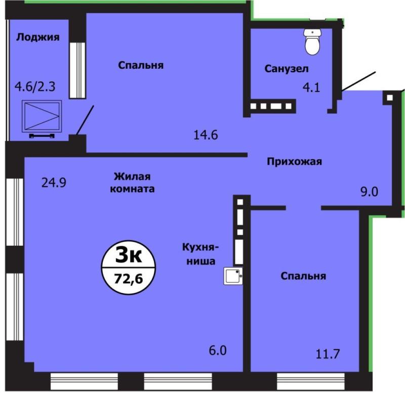 3-комнатная квартира, 72.6 м2