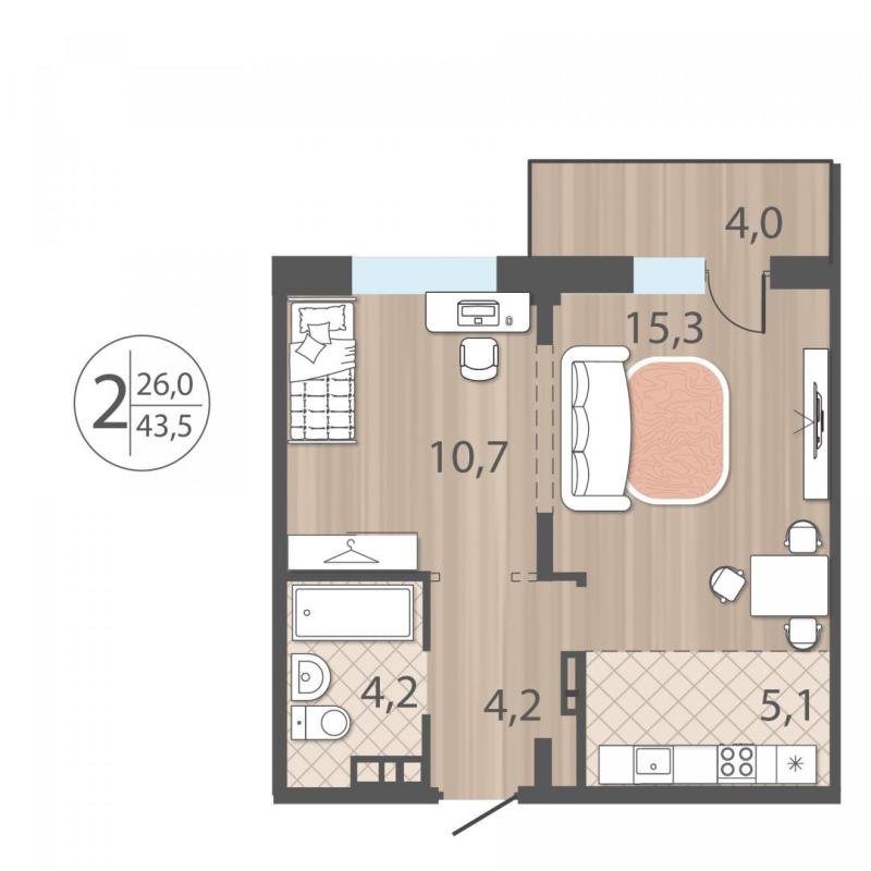 2-комнатная квартира, 43.5 м2