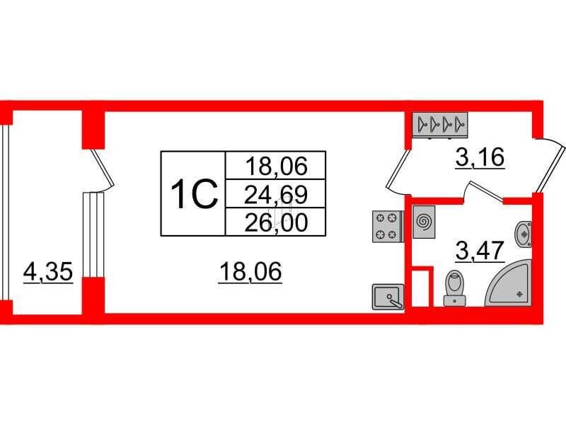Студия, 24.7 м2