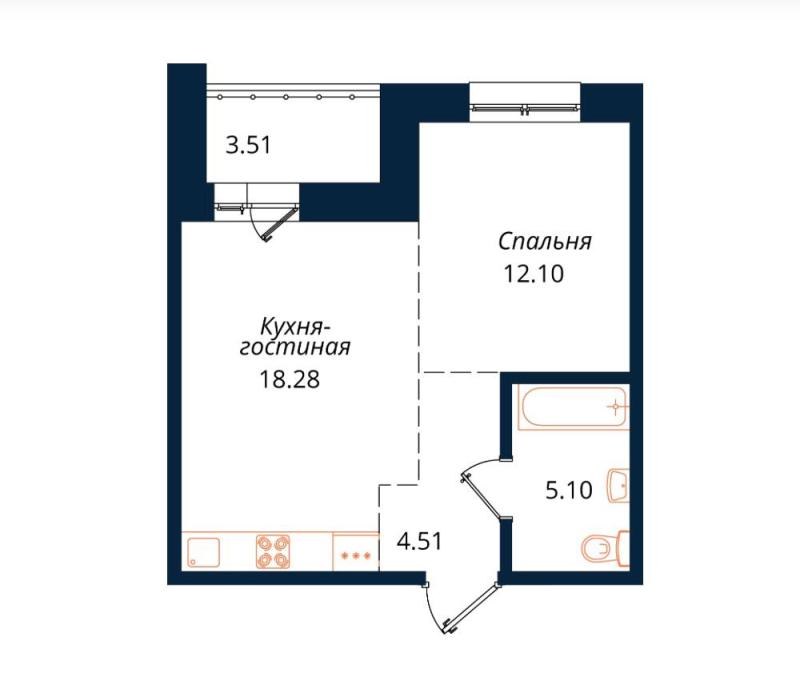 1-комнатная квартира, 43.5 м2